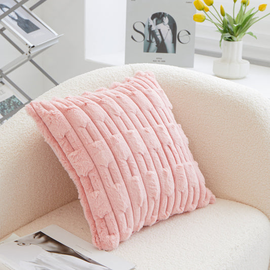 A pair of pink Plush Faux Rabbit Fur Throw Pillow Cover - Textured Wheat Ear Design (45x45cm)