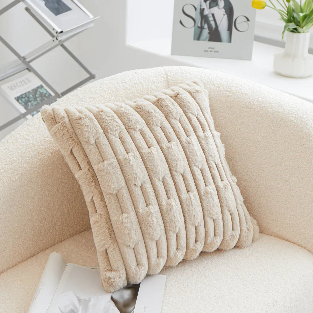 A pair of Khaki Plush Faux Rabbit Fur Throw Pillow Cover - Textured Wheat Ear Design (45x45cm)