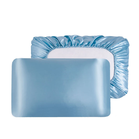Sky Blue Silky Satin Pillowcase Pair - Smooth for Hair & Skin, Elastic Fitted (46x70+16cm)