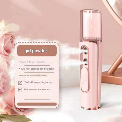 Pink Dual Nozzle Nano Facial Mister - USB Rechargeable Hydrating Spray