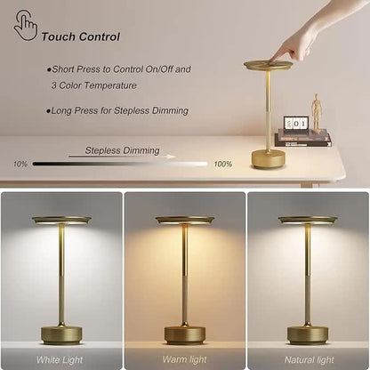 Gold Elegant Aluminum Alloy Rechargeable LED Touch Lamp - 3-Color Dimmable Cordless Table Light