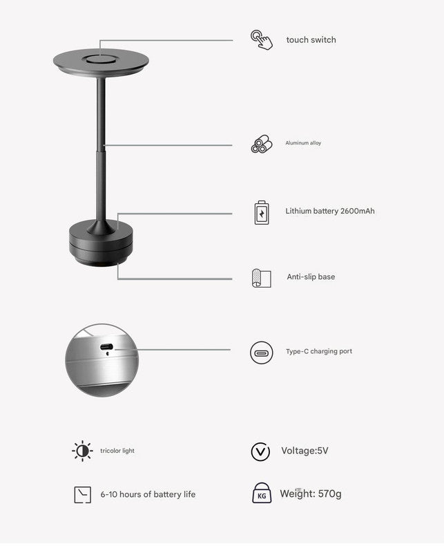 Silver Elegant Aluminum Alloy Rechargeable LED Touch Lamp - 3-Color Dimmable Cordless Table Light