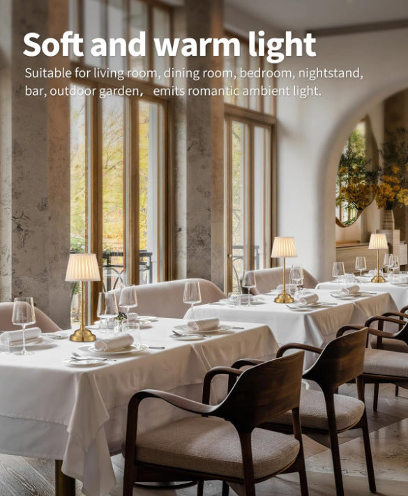 Gold and White Elegant Rechargeable Fabric Shade LED Lamp - Cordless Touch Stepless Dimmable Table Light