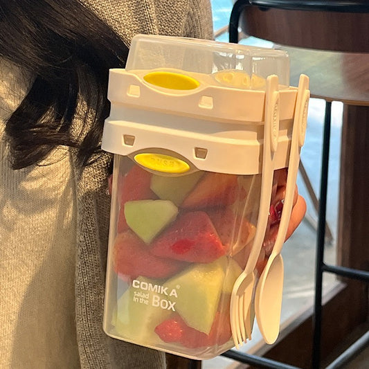 White Portable Salad & Breakfast Cup On-the-Go - Dual Compartment Container with Spork