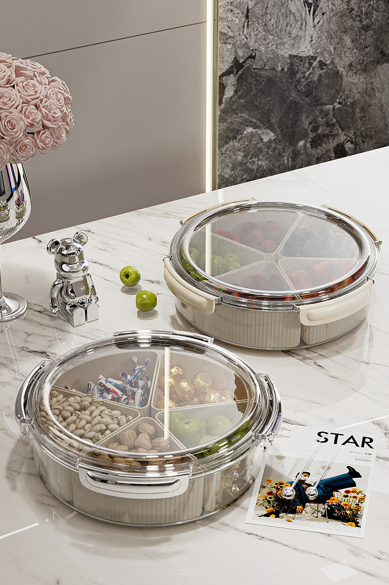 Grey And Beige Snap Button Elegant Compartment Serving Tray with Lid - Versatile Snack, Fruit & Candy Box