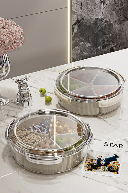 Grey And Beige Snap Button Elegant Compartment Serving Tray with Lid - Versatile Snack, Fruit & Candy Box