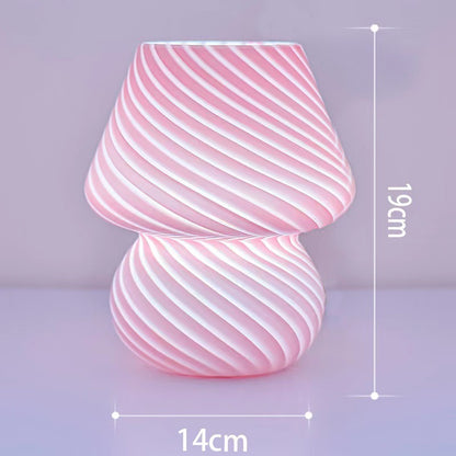 Pink Retro Swirl Glass Mushroom Table Lamp - USB Powered 3-Level Dimmable Bedside Accent Light