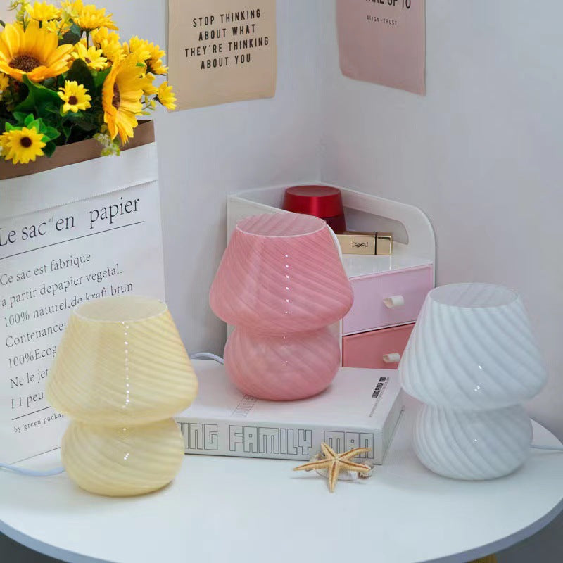Pink Retro Swirl Glass Mushroom Table Lamp - USB Powered 3-Level Dimmable Bedside Accent Light