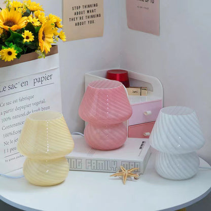 Pink Retro Swirl Glass Mushroom Table Lamp - USB Powered 3-Level Dimmable Bedside Accent Light