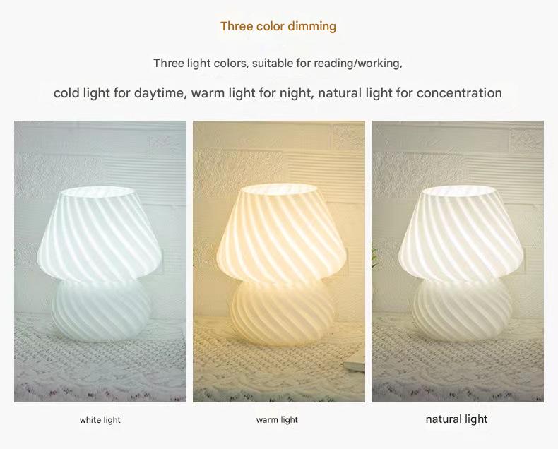 Pink Retro Swirl Glass Mushroom Table Lamp - USB Powered 3-Level Dimmable Bedside Accent Light