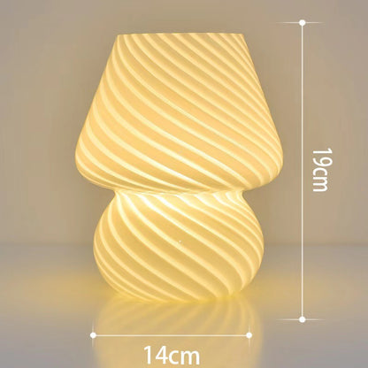 Yellow Retro Swirl Glass Mushroom Table Lamp - USB Powered 3-Level Dimmable Bedside Accent Light