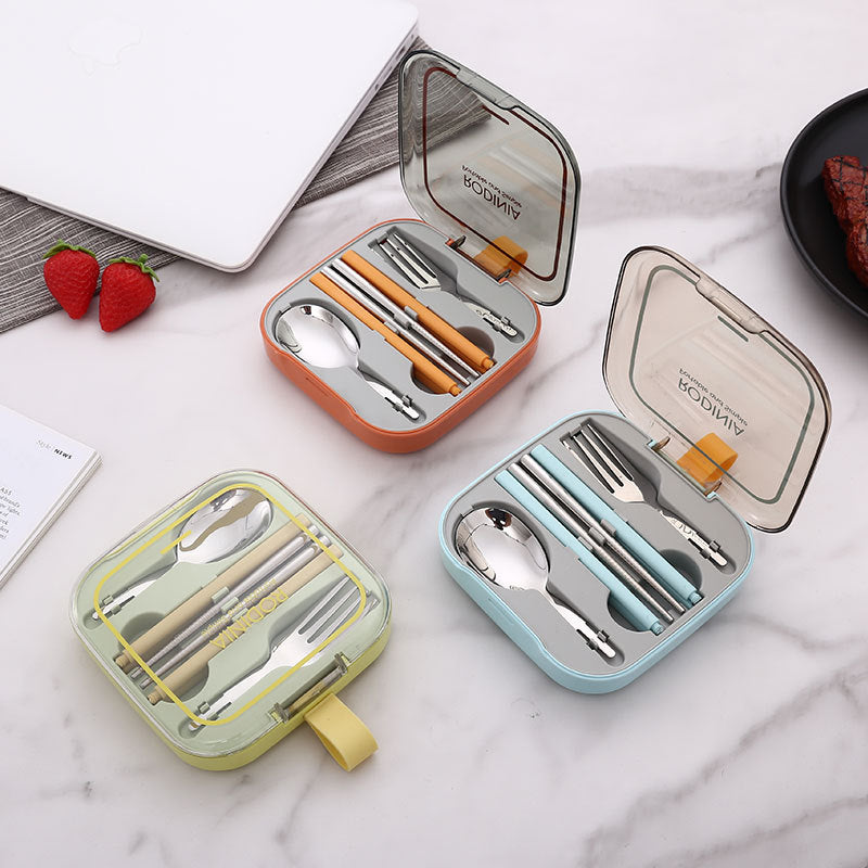 2 Sets Orange And Grey Portable Stainless Steel Cutlery Set -  Reusable Utensils (2 Fork, 2 Spoon, 2 pairs of Chopsticks) with Compact Travel Case