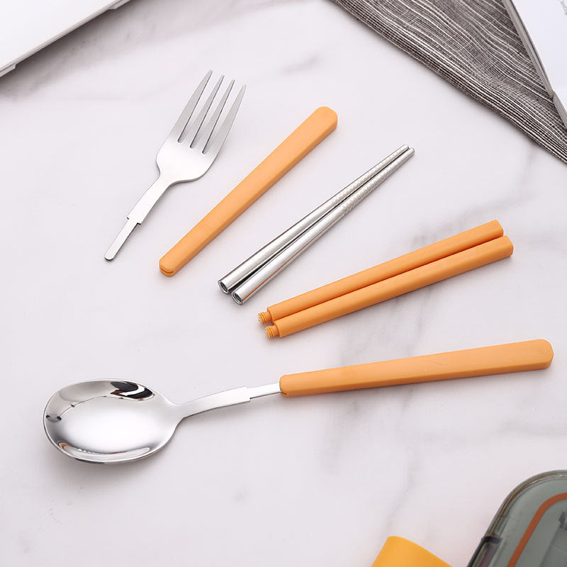 2 Sets Orange And Grey Portable Stainless Steel Cutlery Set -  Reusable Utensils (2 Fork, 2 Spoon, 2 pairs of Chopsticks) with Compact Travel Case