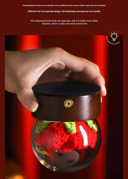 Red Rose Handcrafted Crochet Flower LED Night Light - USB Rechargeable Glass Dome Lamp with Wood Base, 3 Color Modes