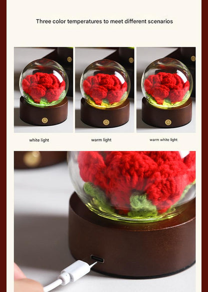 Red Rose Handcrafted Crochet Flower LED Night Light - USB Rechargeable Glass Dome Lamp with Wood Base, 3 Color Modes