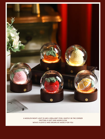 Yellow Rose Handcrafted Crochet Flower LED Night Light - USB Rechargeable Glass Dome Lamp with Wood Base, 3 Color Modes