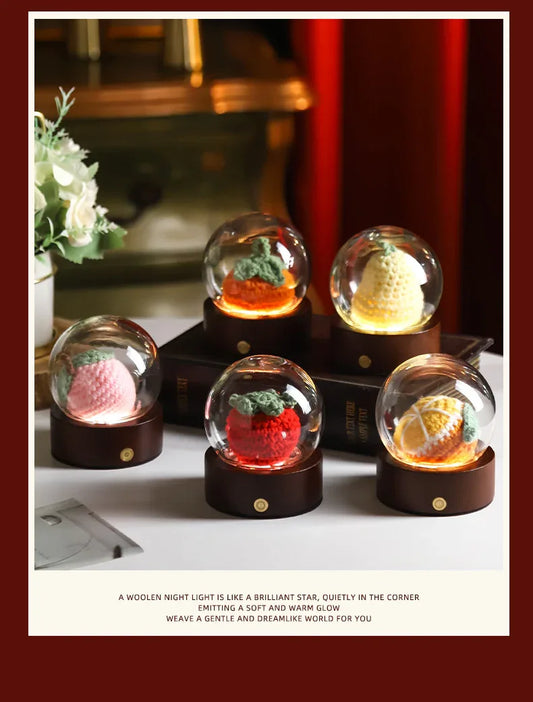 Orange Rose Handcrafted Crochet Flower LED Night Light - USB Rechargeable Glass Dome Lamp with Wood Base, 3 Color Modes