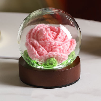 Pink Rose Handcrafted Crochet Flower LED Night Light - USB Rechargeable Glass Dome Lamp with Wood Base, 3 Color Modes