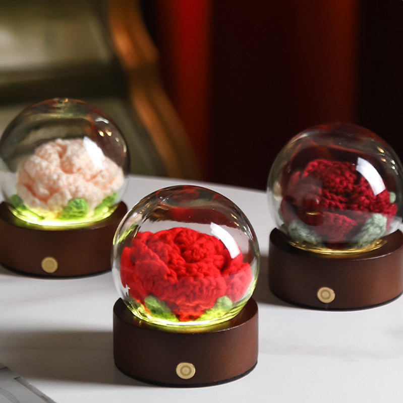 Pink Rose Handcrafted Crochet Flower LED Night Light - USB Rechargeable Glass Dome Lamp with Wood Base, 3 Color Modes