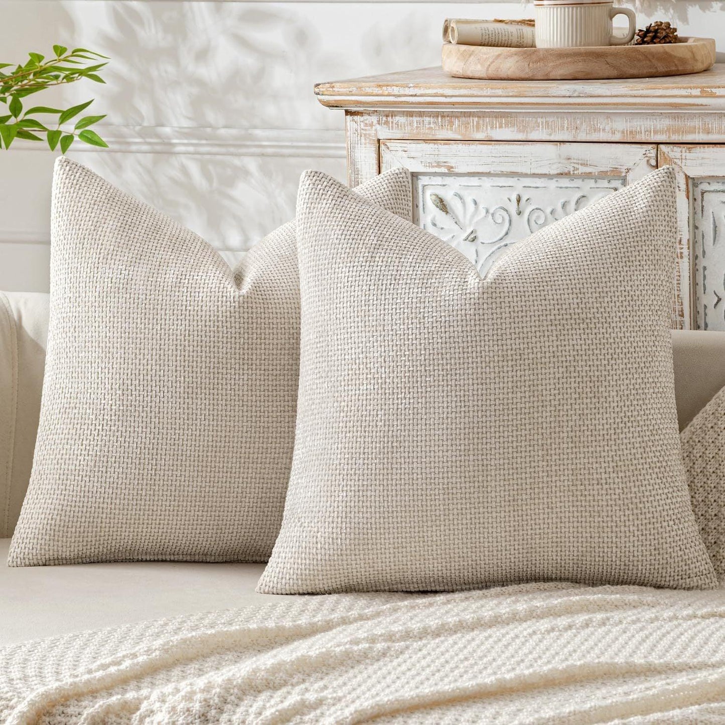 Beige Plush Chenille Cushion Covers Set of 2 - Soft Textured Decorative Throw Pillow Cases for Sofa Couch, 45x45cm - Mekamart Australia