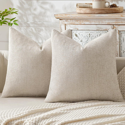 Beige Plush Chenille Cushion Covers Set of 2 - Soft Textured Decorative Throw Pillow Cases for Sofa Couch, 45x45cm