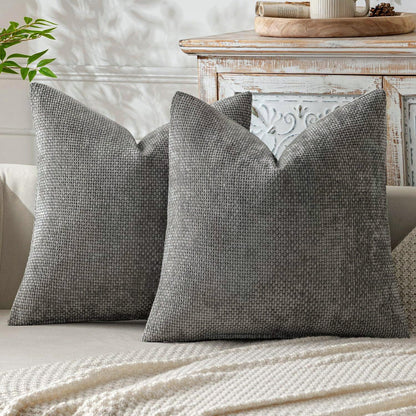 Grey Plush Chenille Cushion Covers Set of 2 - Soft Textured Decorative Throw Pillow Cases for Sofa Couch, 45x45cm - Mekamart Australia