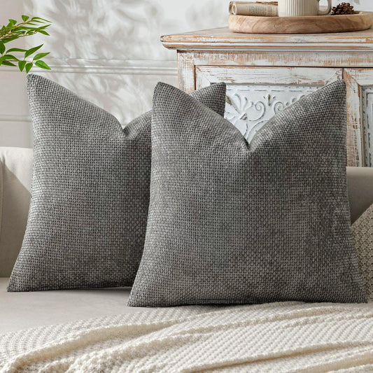 Grey Plush Chenille Cushion Covers Set of 2 - Soft Textured Decorative Throw Pillow Cases for Sofa Couch, 45x45cm