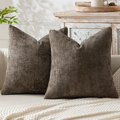 Brown Plush Chenille Cushion Covers Set of 2 - Soft Textured Decorative Throw Pillow Cases for Sofa Couch, 45x45cm - Mekamart Australia