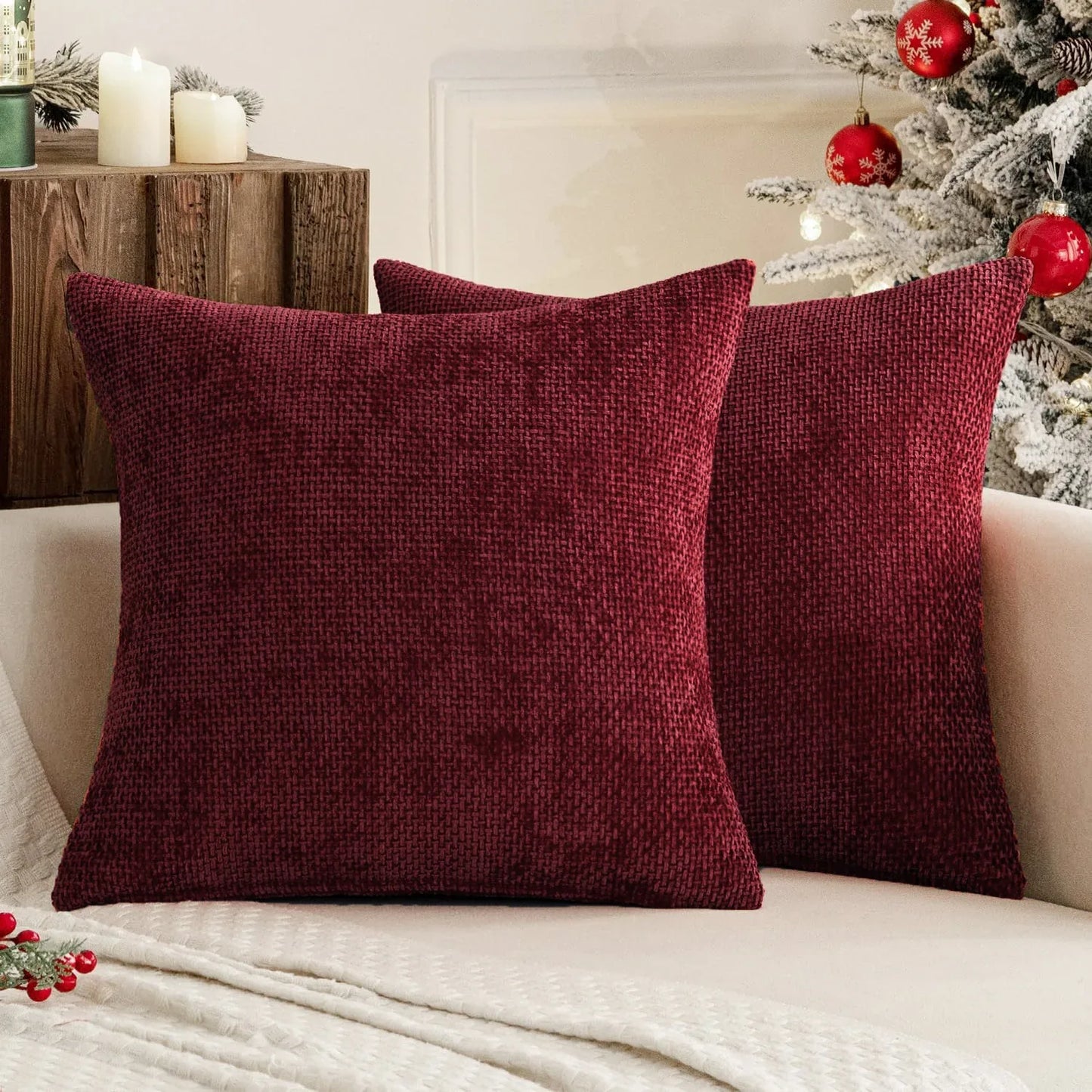 Dark Red Plush Chenille Cushion Covers Set of 2 - Soft Textured Decorative Throw Pillow Cases for Sofa Couch, 45x45cm - Mekamart Australia
