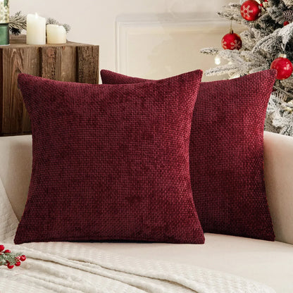 Dark Red Plush Chenille Cushion Covers Set of 2 - Soft Textured Decorative Throw Pillow Cases for Sofa Couch, 45x45cm - Mekamart Australia