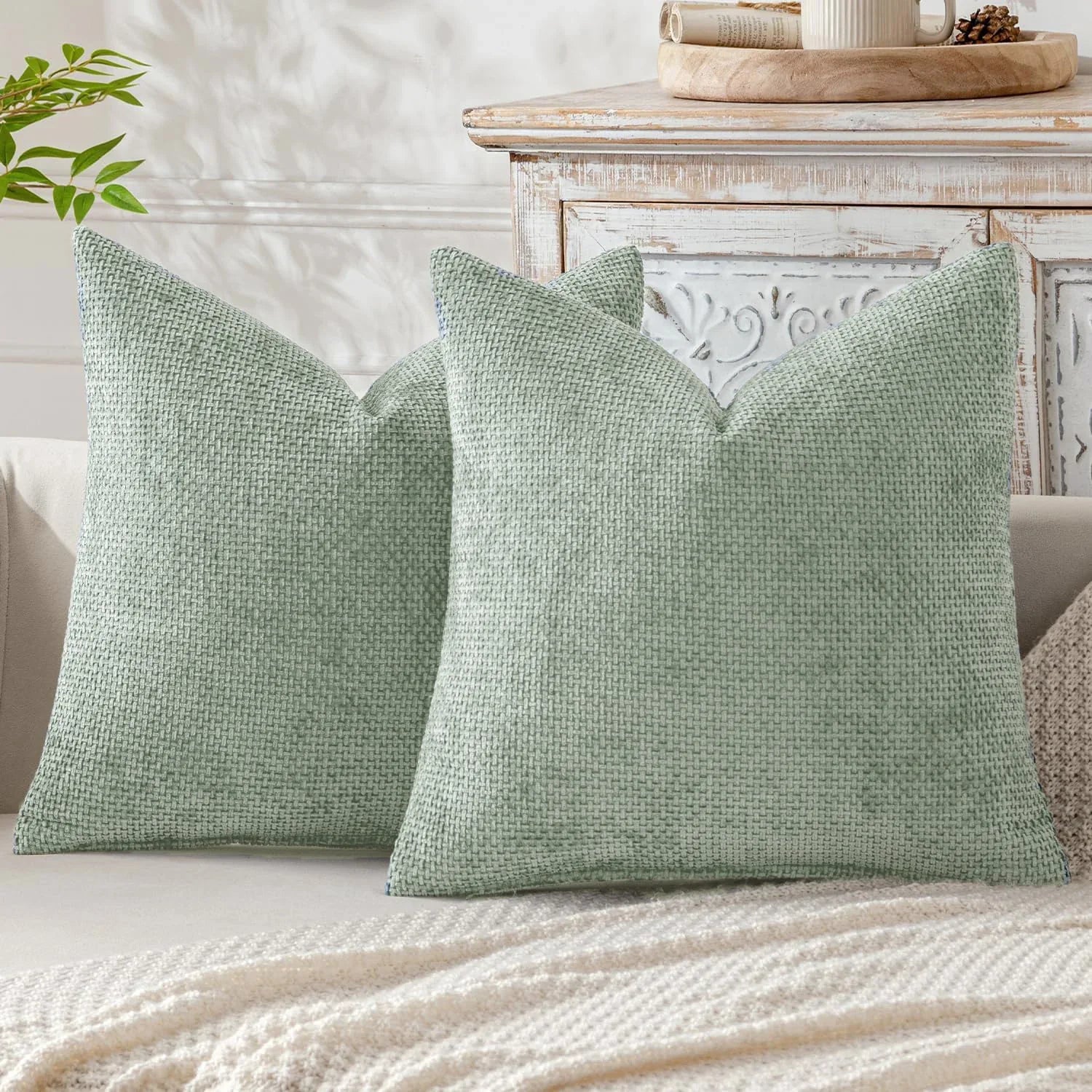 Light Green Plush Chenille Cushion Covers Set of 2 - Soft Textured Decorative Throw Pillow Cases for Sofa Couch, 45x45cm - Mekamart Australia
