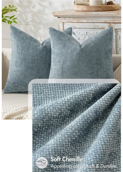 Light Green Plush Chenille Cushion Covers Set of 2 - Soft Textured Decorative Throw Pillow Cases for Sofa Couch, 45x45cm - Mekamart Australia