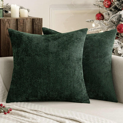 Dark Green Plush Chenille Cushion Covers Set of 2 - Soft Textured Decorative Throw Pillow Cases for Sofa Couch, 45x45cm - Mekamart Australia