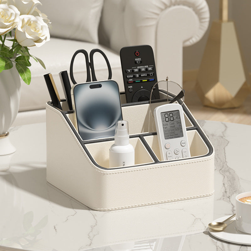White and Black Stylish PU Leather Desktop Organizer Caddy - Multi-Compartment Holder for Remotes, Office Supplies, Makeup