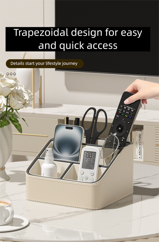 Beige and Black Stylish PU Leather Desktop Organizer Caddy - Multi-Compartment Holder for Remotes, Office Supplies, Makeup