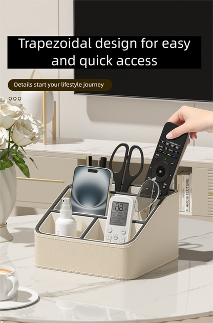 Beige and Black Stylish PU Leather Desktop Organizer Caddy - Multi-Compartment Holder for Remotes, Office Supplies, Makeup