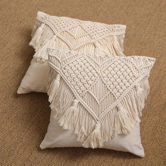 Beige Boho Chic Macrame Cushion Cover - Handmade Woven Cotton Linen Pillow Case with Tassels - Decorative Throw Pillow Sham 45x45cm (Cover Only)
