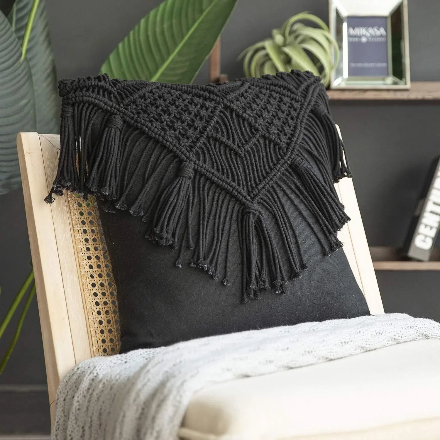 Black Boho Chic Macrame Cushion Cover - Handmade Woven Cotton Linen Pillow Case with Tassels - Decorative Throw Pillow Sham 45x45cm (Cover Only) - Mekamart Australia