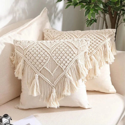 Black Boho Chic Macrame Cushion Cover - Handmade Woven Cotton Linen Pillow Case with Tassels - Decorative Throw Pillow Sham 45x45cm (Cover Only) - Mekamart Australia