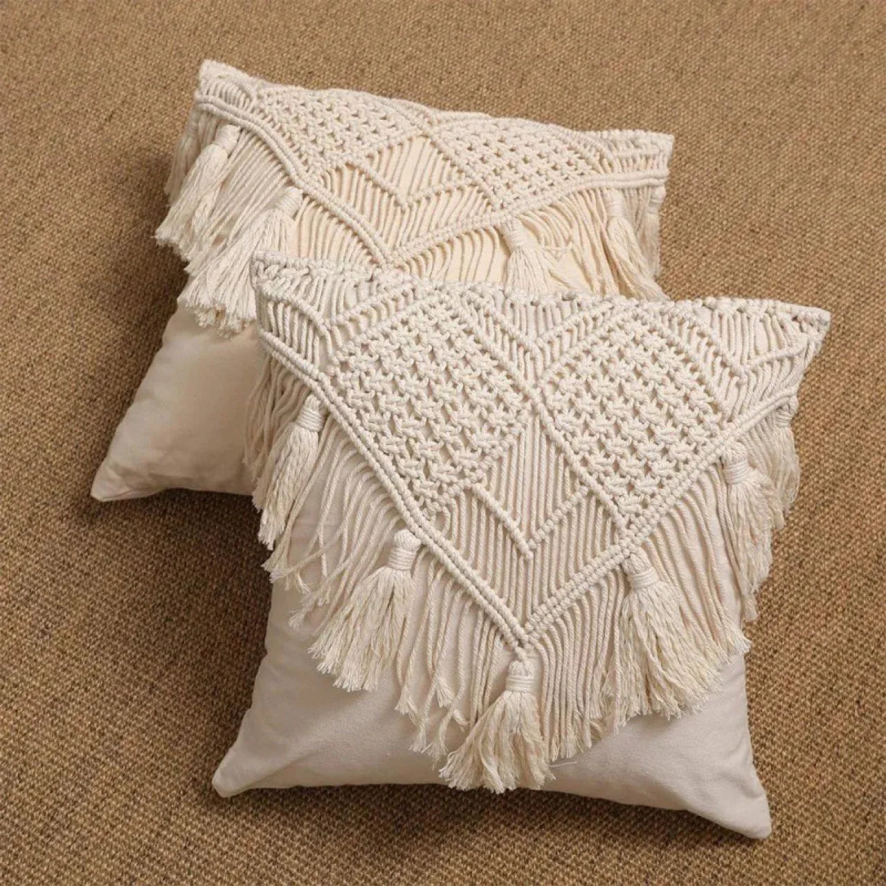 Grey Boho Chic Macrame Cushion Cover - Handmade Woven Cotton Linen Pillow Case with Tassels - Decorative Throw Pillow Sham 45x45cm (Cover Only) - Mekamart Australia