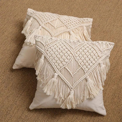 Grey Boho Chic Macrame Cushion Cover - Handmade Woven Cotton Linen Pillow Case with Tassels - Decorative Throw Pillow Sham 45x45cm (Cover Only) - Mekamart Australia