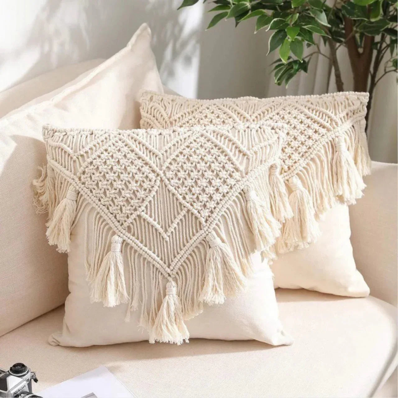 Grey Boho Chic Macrame Cushion Cover - Handmade Woven Cotton Linen Pillow Case with Tassels - Decorative Throw Pillow Sham 45x45cm (Cover Only) - Mekamart Australia