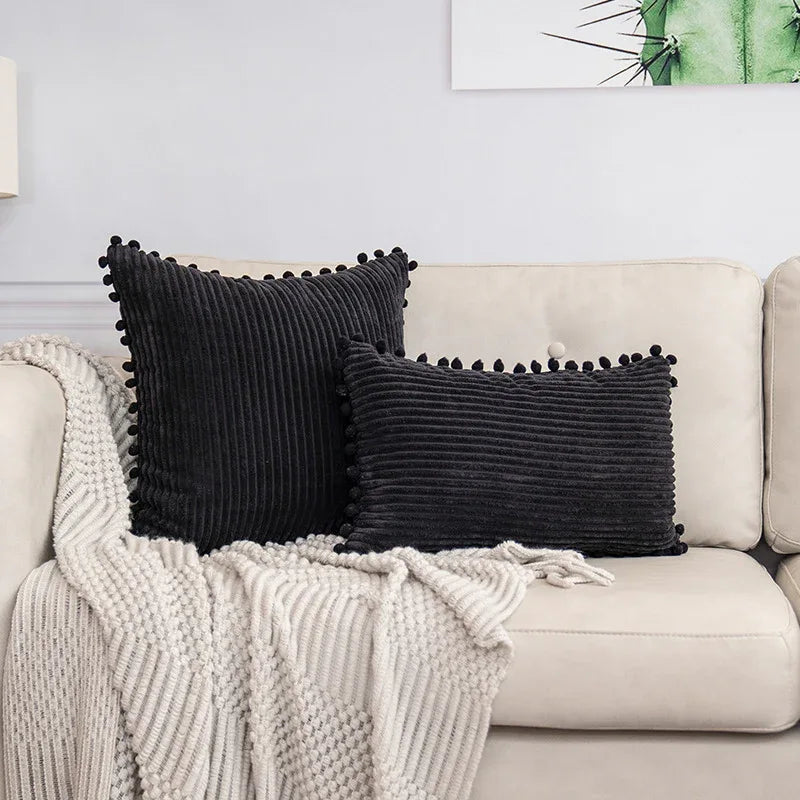 Black Soft Corduroy Cushion Cover Set (1 Square + 1 Rectangular) with Pom Pom Trim - Decorative Throw Pillow Cases for Sofa Couch