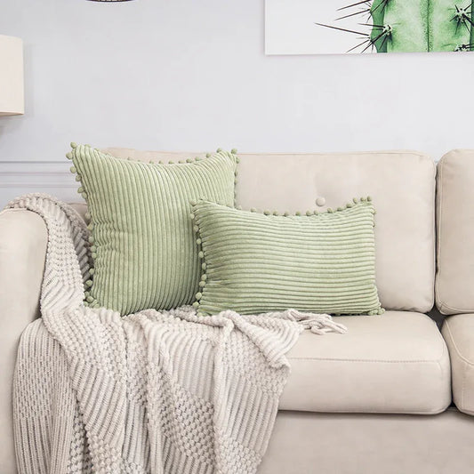 Light Green Soft Corduroy Cushion Cover Set (1 Square + 1 Rectangular) with Pom Pom Trim - Decorative Throw Pillow Cases for Sofa Couch