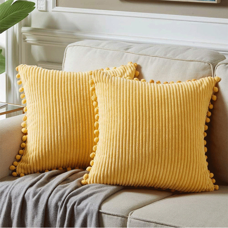 Yellow Soft Corduroy Cushion Covers with Pom Pom Trim - Set of 2 Decorative Throw Pillow Cases for Sofa Couch Bed, 45x45cm