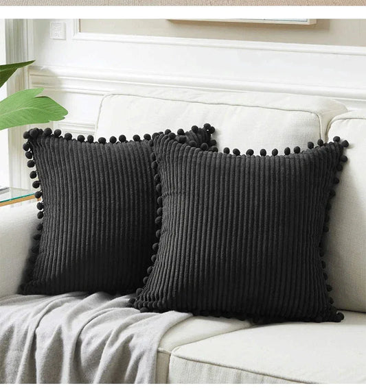 Black Soft Corduroy Cushion Covers with Pom Pom Trim - Set of 2 Decorative Throw Pillow Cases for Sofa Couch Bed, 45x45cm