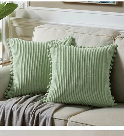 Light Green Soft Corduroy Cushion Covers with Pom Pom Trim - Set of 2 Decorative Throw Pillow Cases for Sofa Couch Bed, 45x45cm
