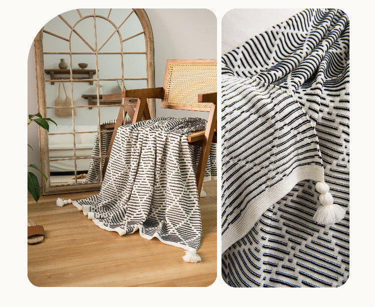 Green and Beige Diamond Pattern Soft Cozy Knit Throw Blanket with Tassels - Geometric Pattern Lightweight Acrylic Blanket for Sofa Couch Bed, 130x150cm