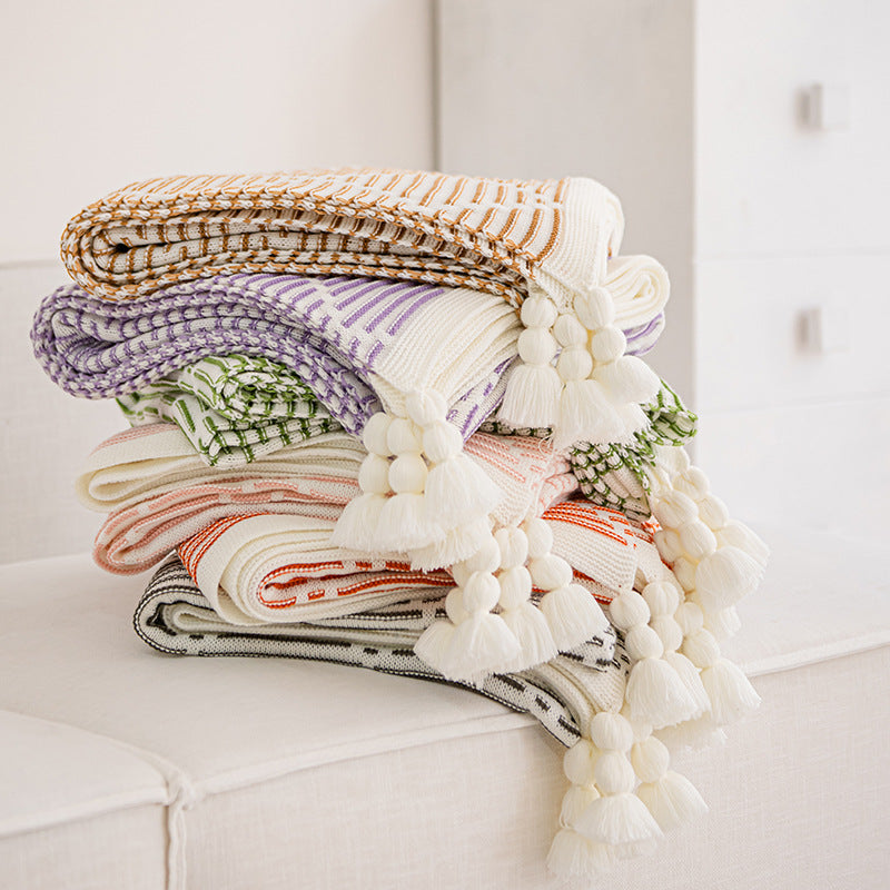 Orange and Beige Diamond Pattern Soft Cozy Knit Throw Blanket with Tassels - Geometric Pattern Lightweight Acrylic Blanket for Sofa Couch Bed, 130x150cm