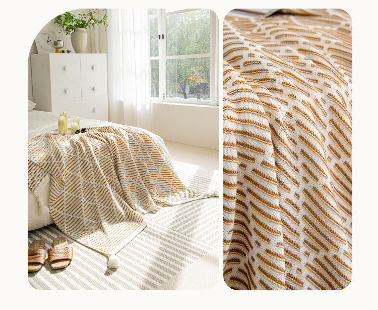 Purple and Beige Diamond Pattern Soft Cozy Knit Throw Blanket with Tassels - Geometric Pattern Lightweight Acrylic Blanket for Sofa Couch Bed, 130x150cm